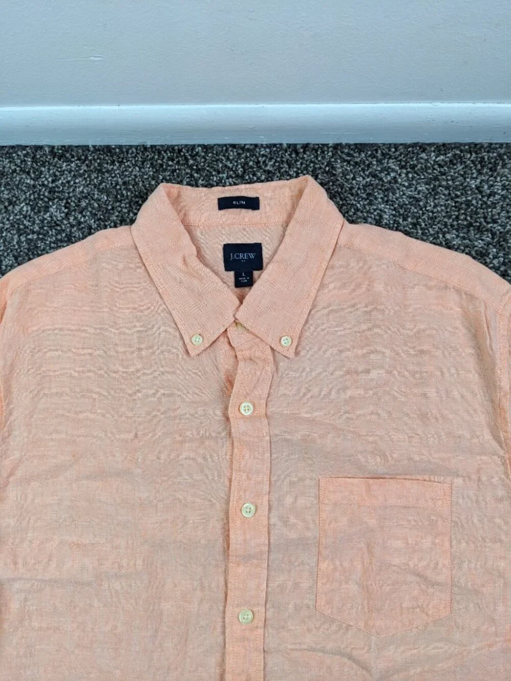 2023 J Crew Shirt Linen Blend Short Sleeve Button Peach Mens Large Slim Fit $98